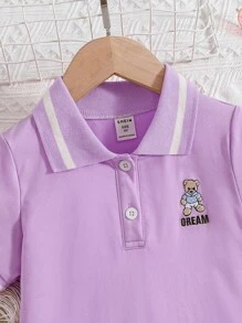 SHEIN 年輕女孩熊刺繡撞色立領t恤裙