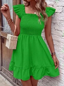 Breezaya Square Neck Ruffle Trim Dress - Green - View 1