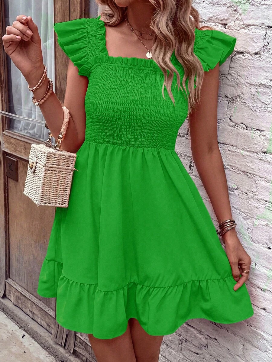 Breezaya Square Neck Ruffle Trim Dress - Green - View 1