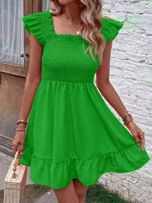 Breezaya Square Neck Ruffle Trim Dress - Green - View 3