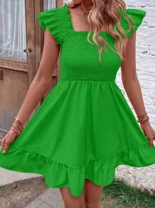 Breezaya Square Neck Ruffle Trim Dress - Green - View 4
