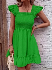 Breezaya Square Neck Ruffle Trim Dress - Green - View 5