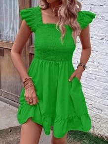 Breezaya Square Neck Ruffle Trim Dress - Green - View 6