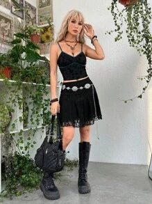 ROMWE PUNK Áo khoác và áo lót dành cho xe tăng nữ Tương phản ràng buộc màu trơn Giải trí - màu đen - Xem 6