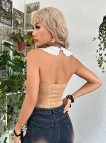 ROMWE PUNK Áo khoác và áo lót dành cho xe tăng nữ Lộ Lưng Nút phía trước Tranh thêu Tương phản ren Khối Màu Giải trí - Màu Khaki - Xem 2