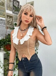 ROMWE PUNK Áo khoác và áo lót dành cho xe tăng nữ Lộ Lưng Nút phía trước Tranh thêu Tương phản ren Khối Màu Giải trí - Màu Khaki - Xem 6