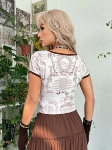 ROMWE PUNK Sun & Slogan Graphic Contrast Binding Crop Tee - Multicolor - View 2