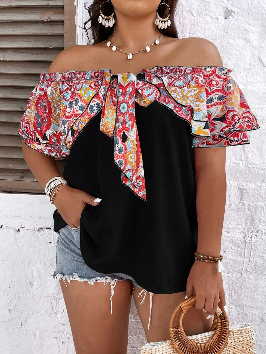 Breezaya Bluzki Rozmiar Plus Falbanka Zmarszczony Zawiązywanie z przodu Plemienny Boho