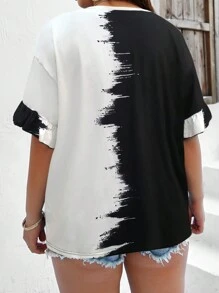 SHEIN LUNE 大碼筆刷圖案荷葉袖T恤 - 黑與白 - 查看 2