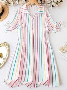 SHEIN LUNE 大碼條紋印花打結袖口襯衫連衣裙