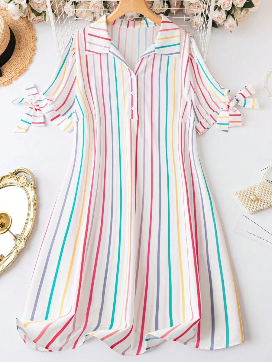 SHEIN LUNE 大碼條紋印花打結袖口襯衫連衣裙