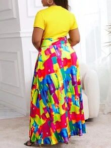 Talla grande Vestido con estampado de pincelada - Amarillo - Ver 2