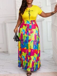 Talla grande Vestido con estampado de pincelada - Amarillo - Ver 3