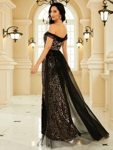 Missord Off Shoulder Split Thigh Sequin Formal Dress - Black - View 2