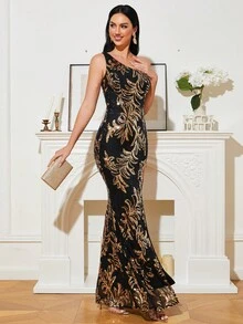 Missord One Shoulder Split Thigh Sequin Formal Dress - Black - View 7