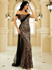 Missord Off Shoulder Split Thigh Sequin Formal Dress - Black - View 4