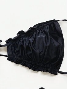 Swim Basics Summer Beach Frill Trim Halter Bikini Top - Black - View 3