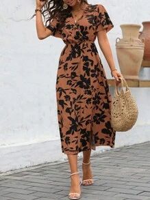 SHEIN VCAY 印花蝴蝶袖連衣裙 - 鏽棕色 - 查看 1