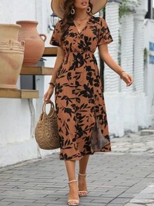 SHEIN VCAY 印花蝴蝶袖連衣裙 - 鏽棕色 - 查看 4