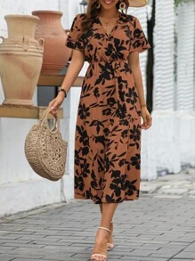 SHEIN VCAY 印花蝴蝶袖連衣裙 - 鏽棕色 - 查看 5