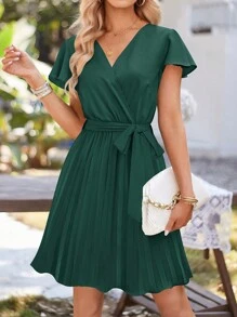 交疊領百褶下擺繫腰帶連衣裙 - 墨綠色 - 查看 1