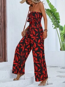 Allurite 樹葉印花前打結抹胸闊腿連體褲 - 彩色 - 查看 4