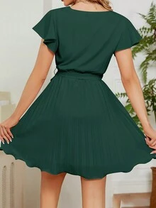 交疊領百褶下擺繫腰帶連衣裙 - 墨綠色 - 查看 2