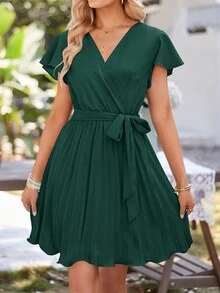 交疊領百褶下擺繫腰帶連衣裙 - 墨綠色 - 查看 3