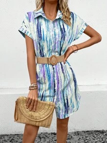 SHEIN LUNE Đầm Nút phía trước Sọc Giải trí - Nhiều màu - Xem 4