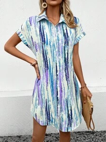 SHEIN LUNE Đầm Nút phía trước Sọc Giải trí - Nhiều màu - Xem 6