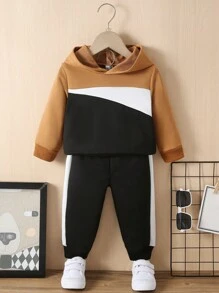 SHEIN Baby Boys' Comfortable Casual Hooded Two Piece Set With Colour Block Design For Fall And Winter - Multicolor - View 1