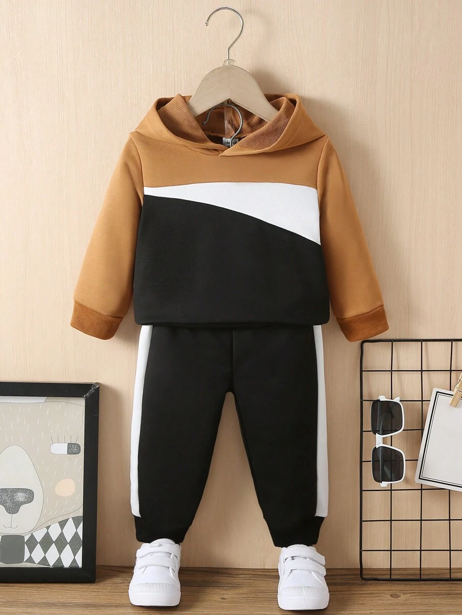 SHEIN Baby Boys' Comfortable Casual Hooded Two Piece Set With Colour Block Design For Fall And Winter - Multicolor - View 1