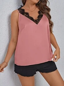 SHEIN Privé 大碼睫毛蕾絲邊緞面上衣 - 藕粉色 - 查看 3