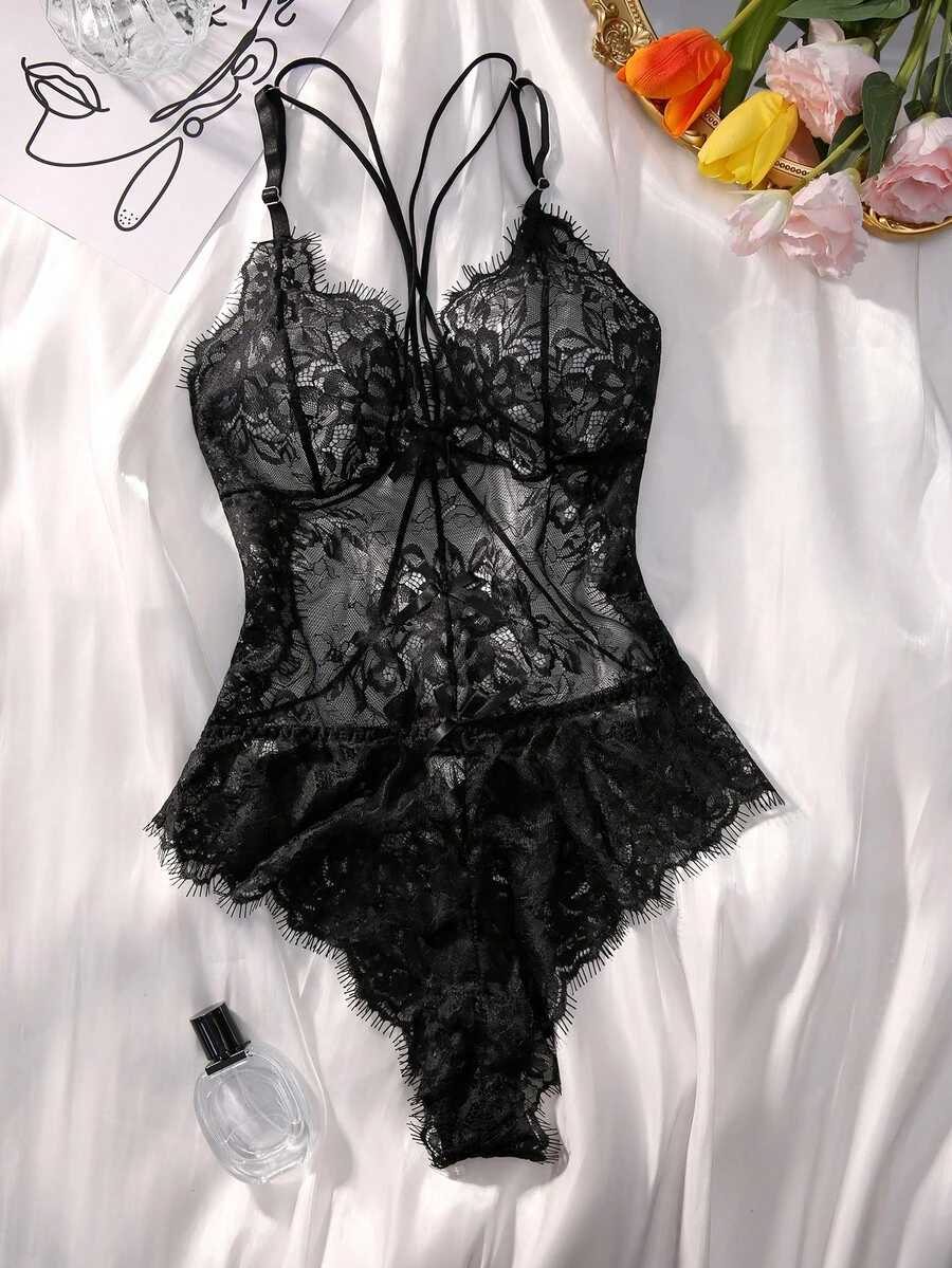 Classic Sexy Body teddy con encaje floral con lazo delantero - Negro - Ver 1