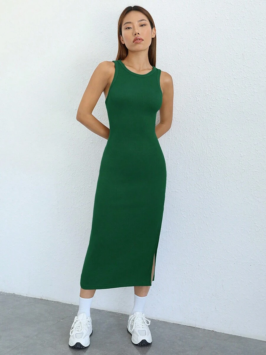 SHEIN EZwear Đầm Chia Gân đan màu trơn Giải trí - Màu xanh lá cây đậm - Xem 1