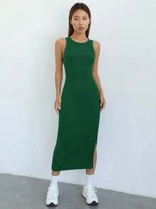 SHEIN EZwear Đầm Chia Gân đan màu trơn Giải trí - Màu xanh lá cây đậm - Xem 3