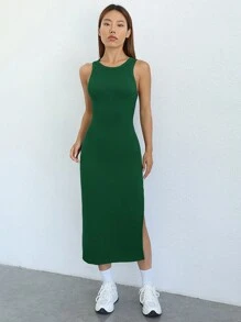 SHEIN EZwear Đầm Chia Gân đan màu trơn Giải trí - Màu xanh lá cây đậm - Xem 5