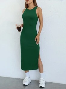 SHEIN EZwear Đầm Chia Gân đan màu trơn Giải trí - Màu xanh lá cây đậm - Xem 6