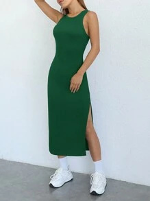 SHEIN EZwear Đầm Chia Gân đan màu trơn Giải trí - Màu xanh lá cây đậm - Xem 8