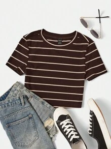 SHEIN EZwear Áo thun nữ Gân đan Sọc Giải trí - Màu nâu Sô-cô-la - Xem 1