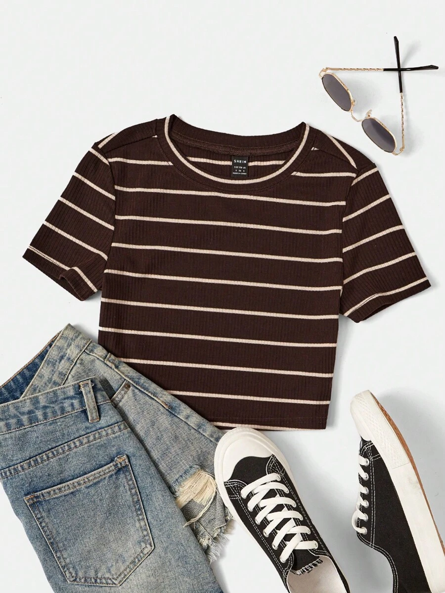 SHEIN EZwear Áo thun nữ Gân đan Sọc Giải trí - Màu nâu Sô-cô-la - Xem 1
