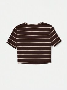 SHEIN EZwear Áo thun nữ Gân đan Sọc Giải trí - Màu nâu Sô-cô-la - Xem 2