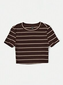 SHEIN EZwear Áo thun nữ Gân đan Sọc Giải trí - Màu nâu Sô-cô-la - Xem 3