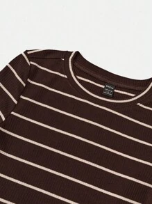 SHEIN EZwear Áo thun nữ Gân đan Sọc Giải trí - Màu nâu Sô-cô-la - Xem 5