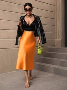 SHEIN BAE Váy nữ Dây kéo màu trơn Thanh lịch - trái cam - Xem 5