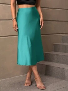 SHEIN BAE 素色魚尾短裙 - 綠色 - 查看 3