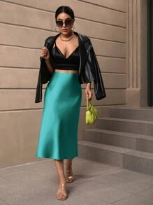 SHEIN BAE 素色魚尾短裙 - 綠色 - 查看 7