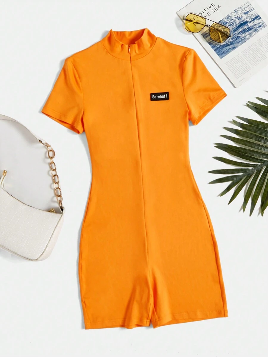 SHEIN EZwear Đơn vị Nữ Đắp vá Dây kéo Lá thư - trái cam - Xem 1