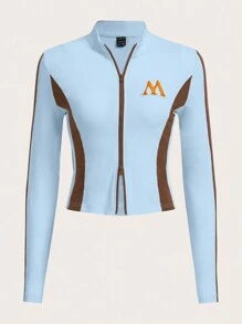 SHEIN ICON Letter Embroidery Colorblock Zip Up Contrast Piping Tee - Baby Blue - View 1
