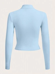 SHEIN ICON Letter Embroidery Colorblock Zip Up Contrast Piping Tee - Baby Blue - View 2